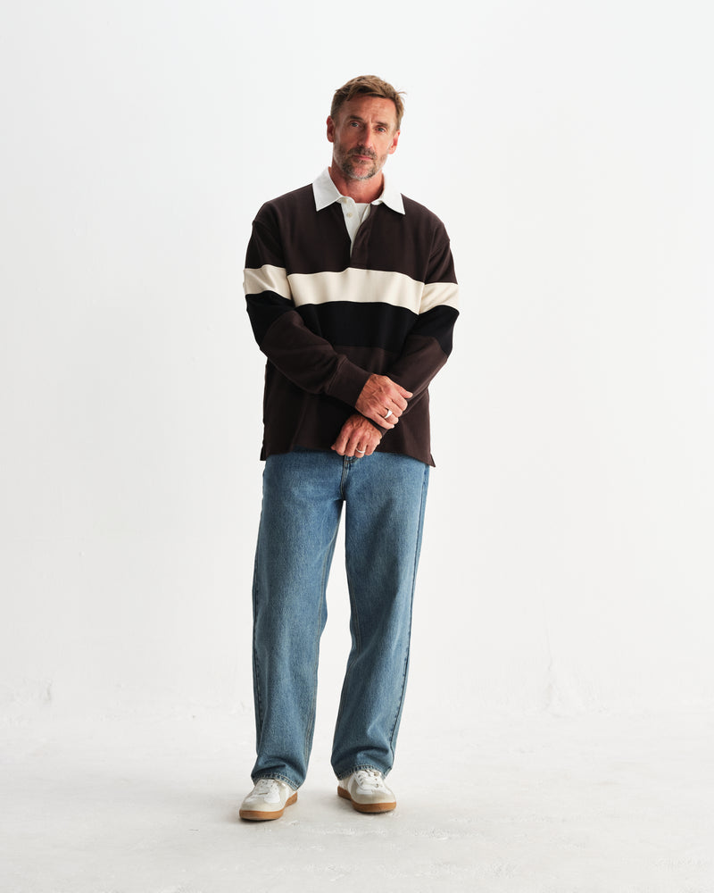 wax london men's Rowhill - Brown And Black Panelled Loopback Rugby Shirt
