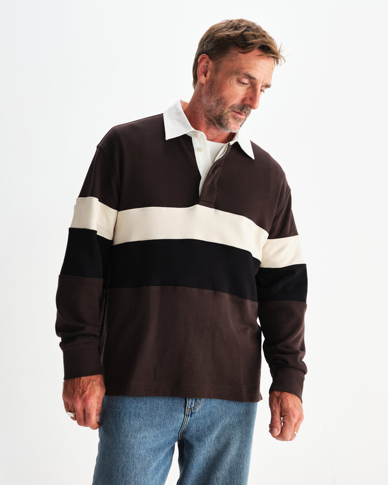 wax london men's Rowhill - Brown And Black Panelled Loopback Rugby Shirt