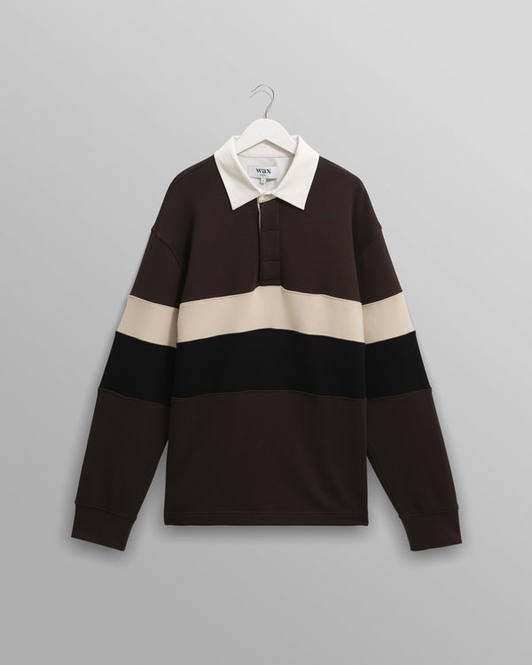 wax london men's Rowhill - Brown And Black Panelled Loopback Rugby Shirt