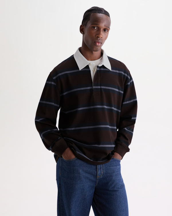 wax london men's Rowhill - Brown And Blue Mirror Stripe Loopback Rugby Shirt