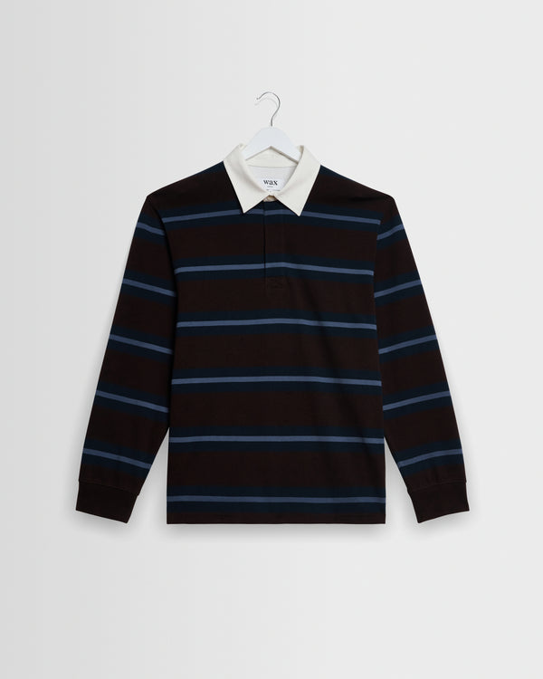 wax london men's Rowhill - Brown And Blue Mirror Stripe Loopback Rugby Shirt