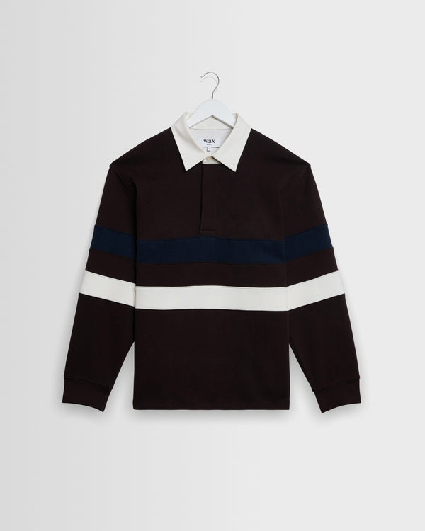wax london men's Rowhill - Brown And Navy Stripe Loopback Rugby Shirt