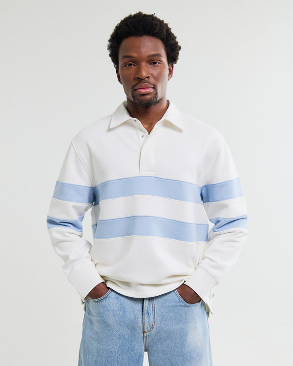 wax london men's Rowhill - Ecru And Light Blue Stripe Loopback Rugby Shirt