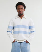 wax london men's Rowhill - Ecru And Light Blue Stripe Loopback Rugby Shirt