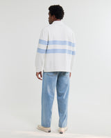 wax london men's Rowhill - Ecru And Light Blue Stripe Loopback Rugby Shirt