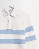 wax london men's Rowhill - Ecru And Light Blue Stripe Loopback Rugby Shirt