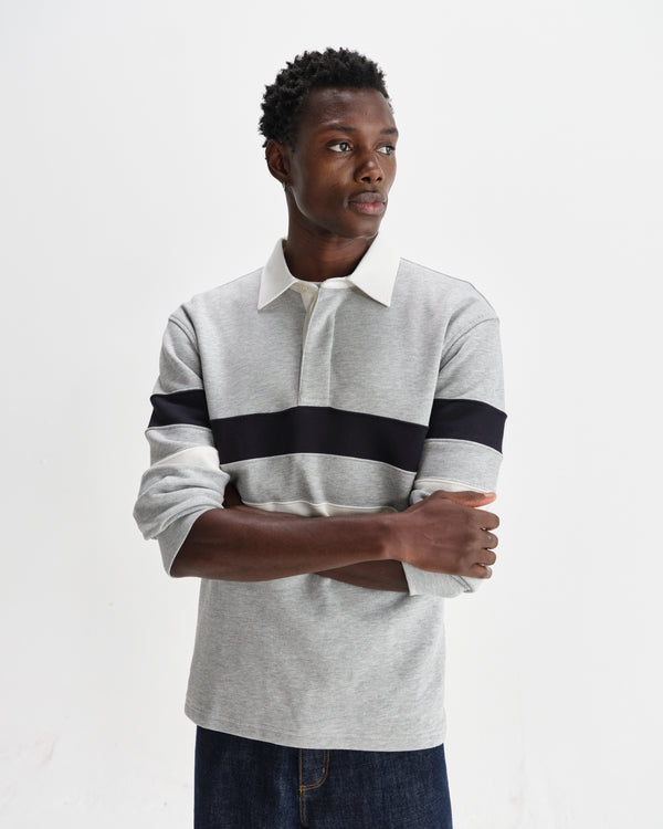 wax london men's Rowhill - Grey Marl Stripe Panelled Loopback Rugby Shirt