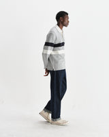 wax london men's Rowhill - Grey Marl Stripe Panelled Loopback Rugby Shirt