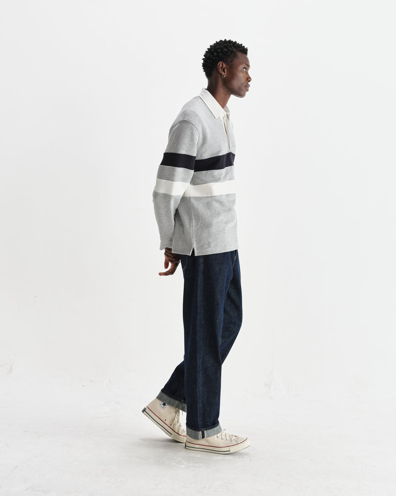 wax london men's Rowhill - Grey Marl Stripe Panelled Loopback Rugby Shirt