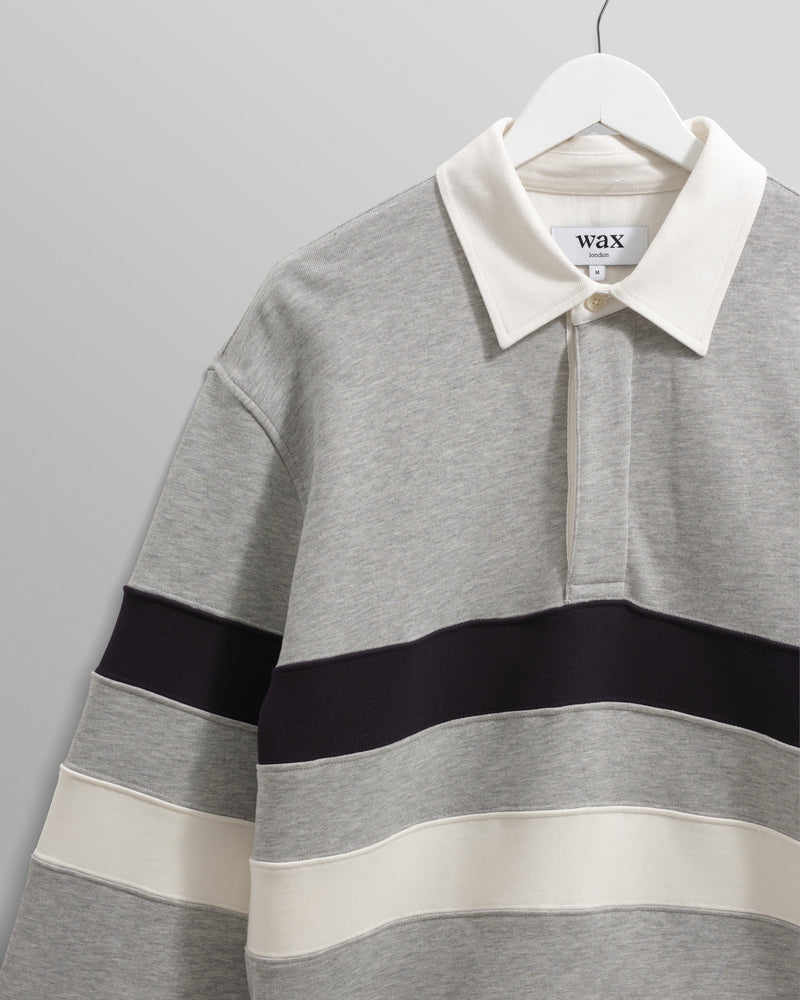 wax london men's Rowhill - Grey Marl Stripe Panelled Loopback Rugby Shirt