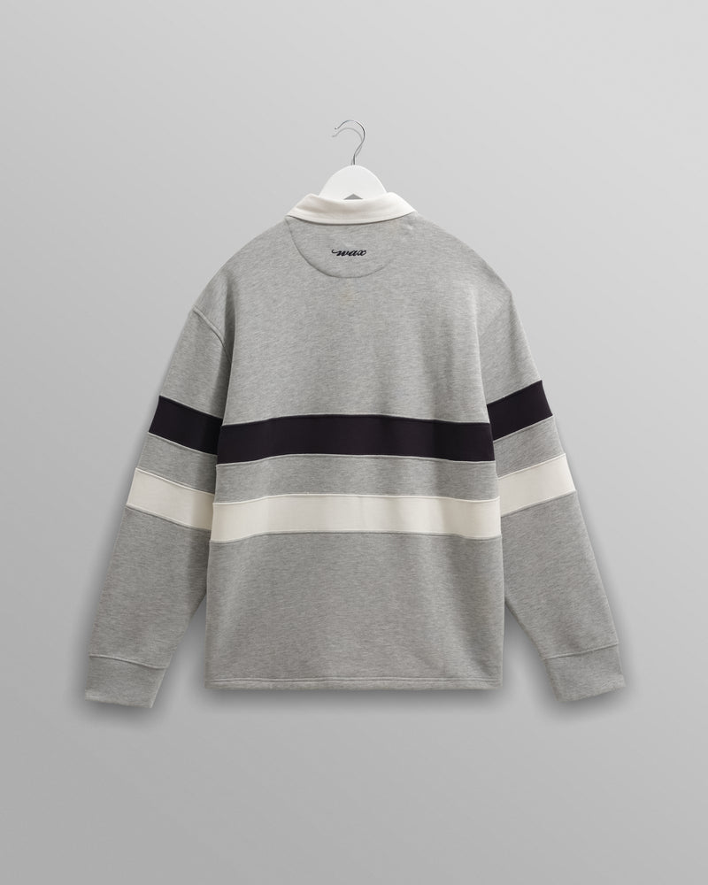 wax london men's Rowhill - Grey Marl Stripe Panelled Loopback Rugby Shirt