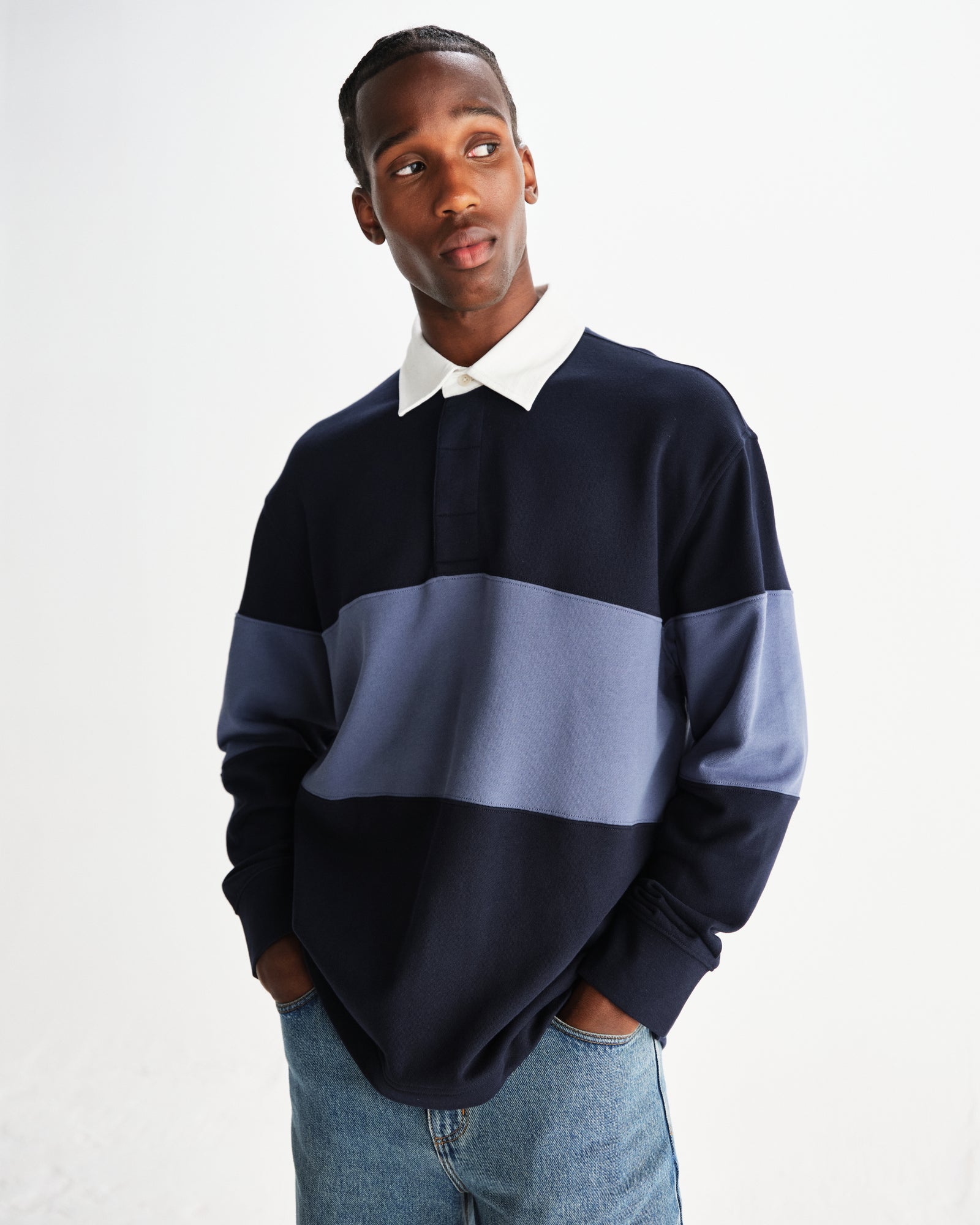 Men's Navy And Blue Panelled Rugby Shirt | Wax London