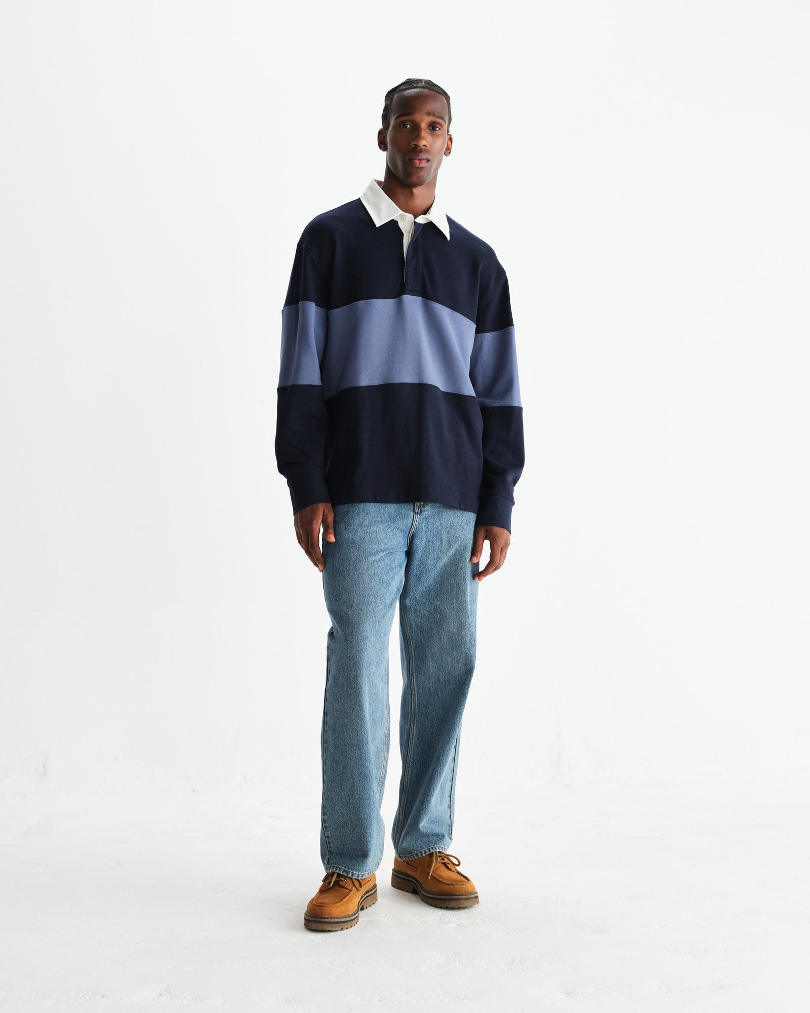 Men's Navy And Blue Panelled Rugby Shirt | Wax London