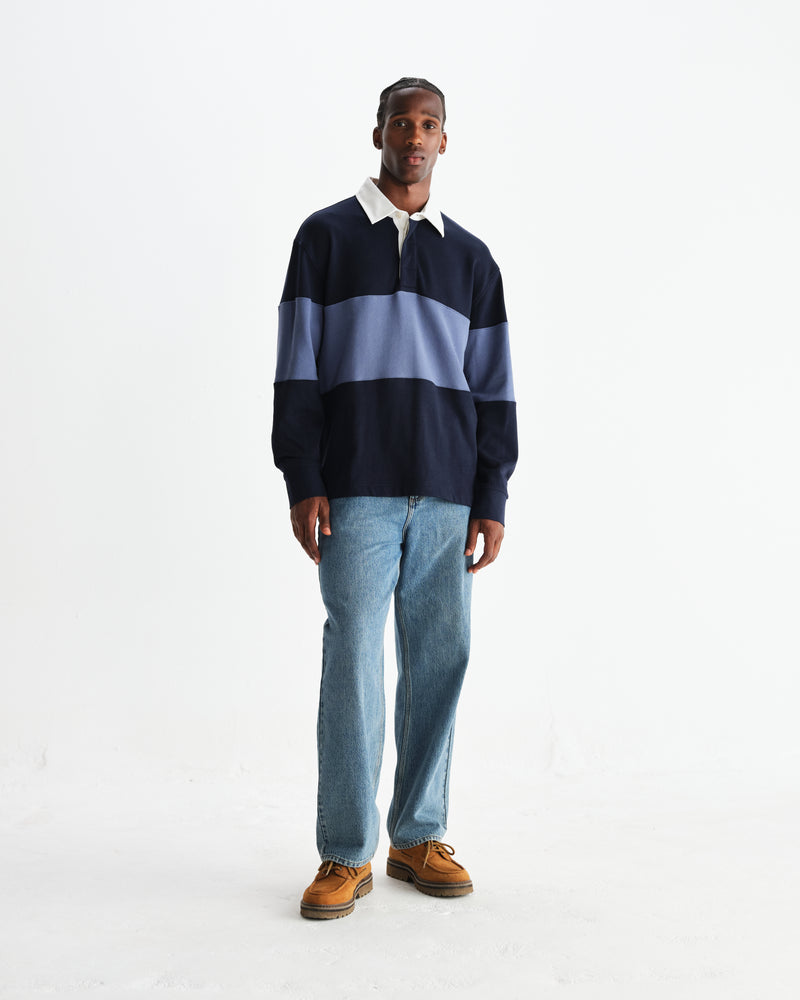 wax london men's Rowhill - Navy And Blue Panelled Loopback Rugby Shirt