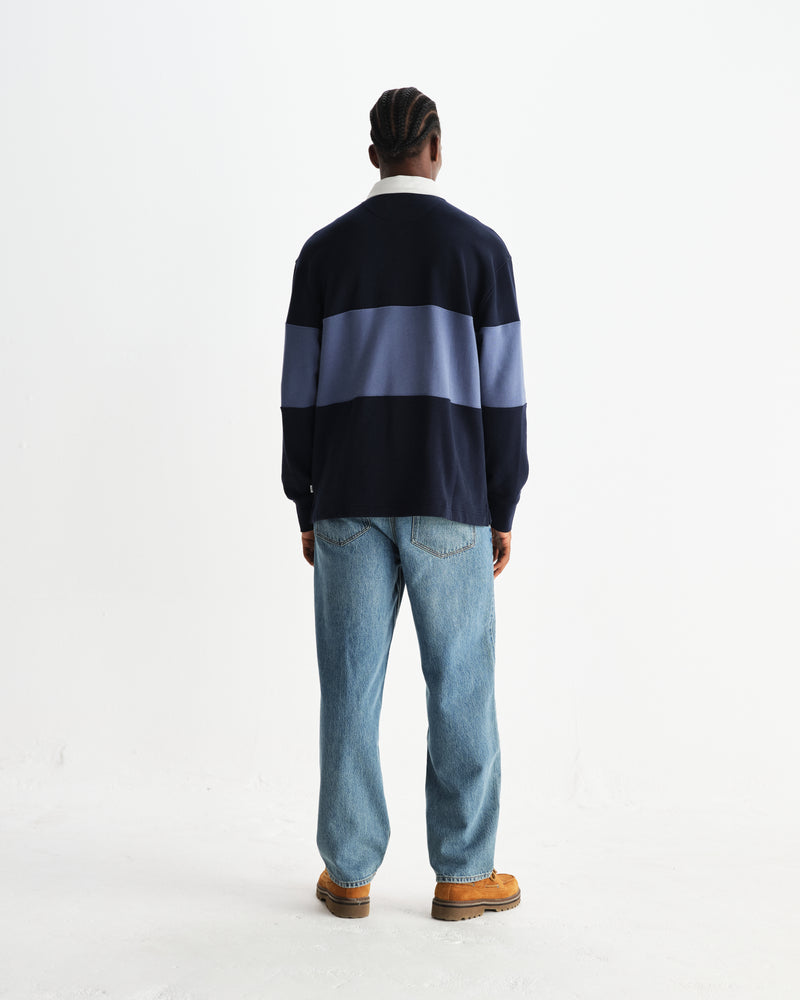 wax london men's Rowhill - Navy And Blue Panelled Loopback Rugby Shirt