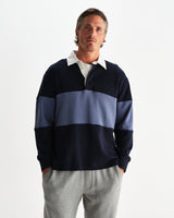 wax london men's Rowhill - Navy And Blue Panelled Loopback Rugby Shirt
