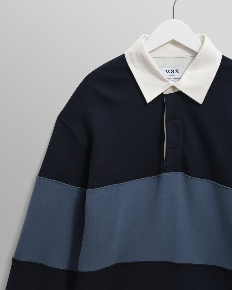 wax london men's Rowhill - Navy And Blue Panelled Loopback Rugby Shirt