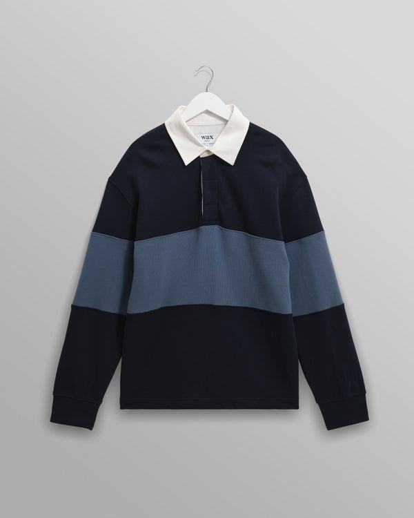 wax london men's Rowhill - Navy And Blue Panelled Loopback Rugby Shirt