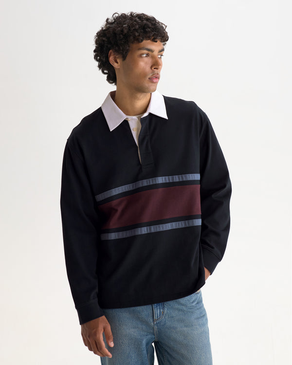 wax london men's Rowhill - Navy And Purple Stripe Loopback Rugby Shirt