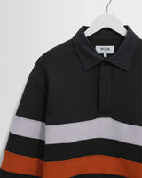 wax london men's Rowhill - Navy Stripe Panelled Loopback Rugby Shirt