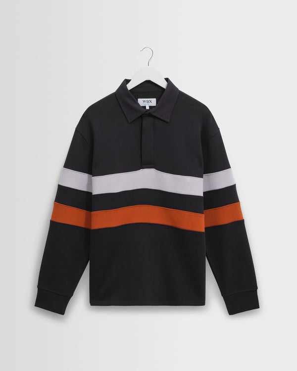 wax london men's Rowhill - Navy Stripe Panelled Loopback Rugby Shirt