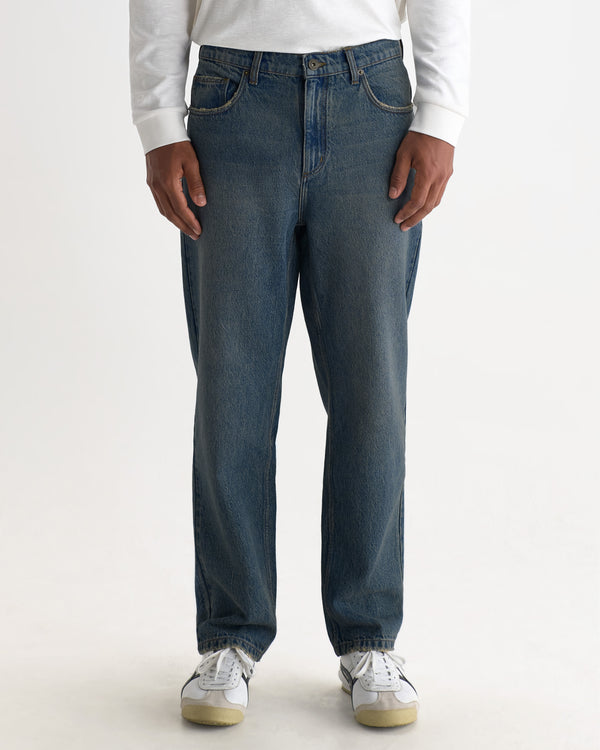 wax london men's Russell - Mid Blue Faded Vintage Straight Fit Denim Jeans