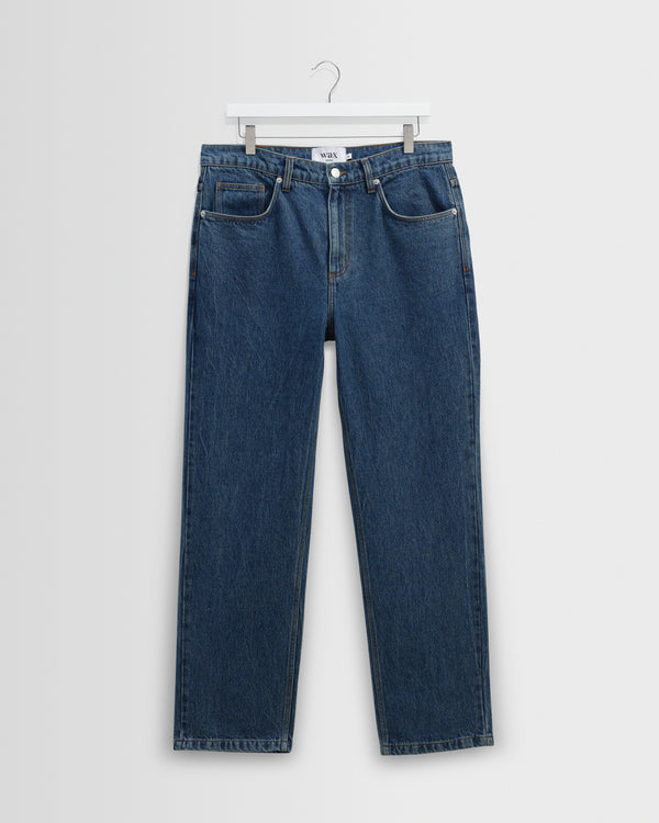 Men's Mid Blue Straight Fit Denim Jeans | Wax London