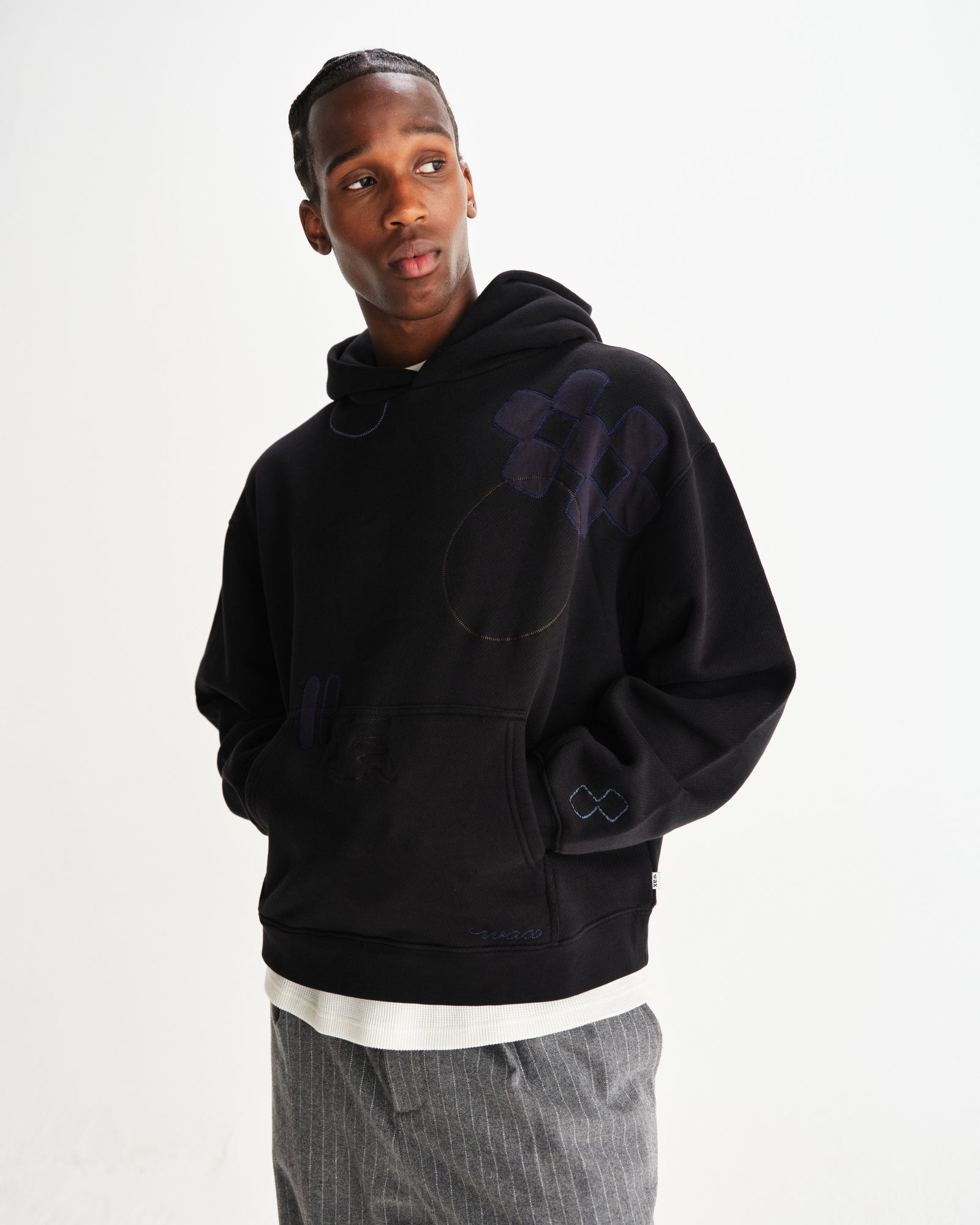 Men's Black Doodle Embroidered Cotton Hoodie | Wax London