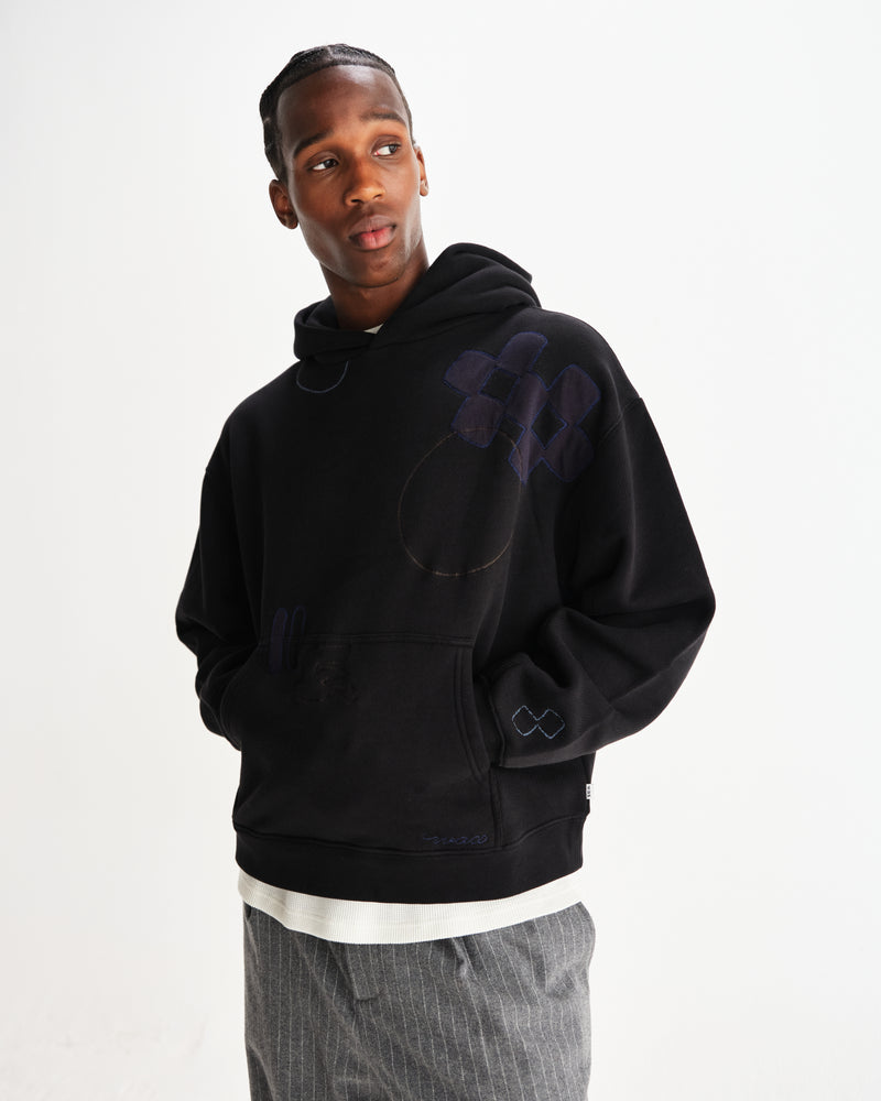 wax london men's Rydal - Black Doodle Embroidered Loopback Cotton Hoodie