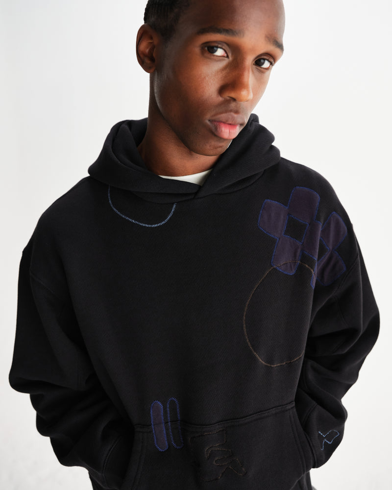 wax london men's Rydal - Black Doodle Embroidered Loopback Cotton Hoodie