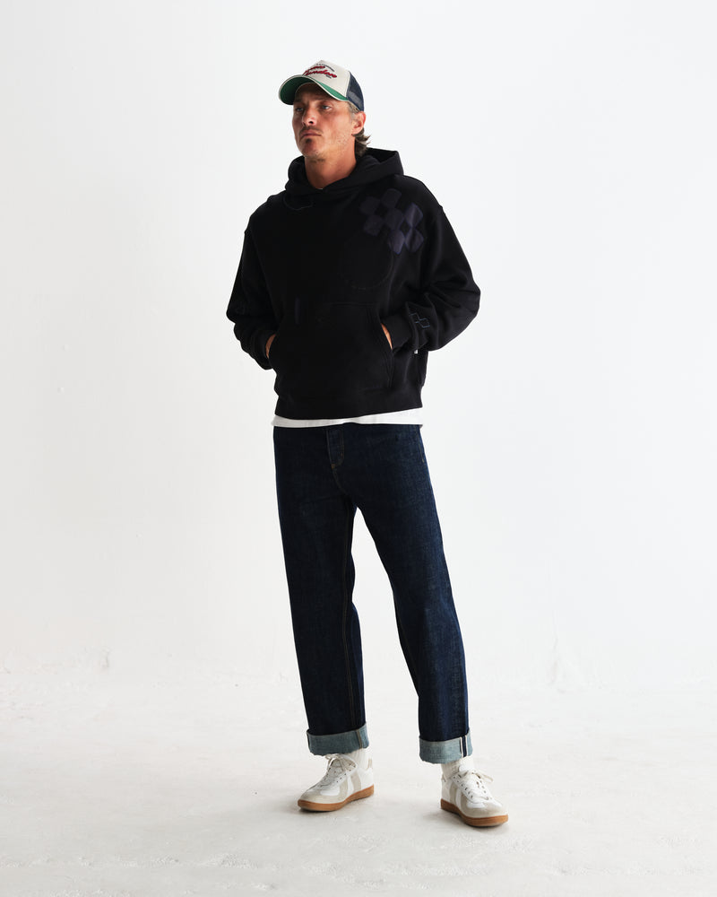 wax london men's Rydal - Black Doodle Embroidered Loopback Cotton Hoodie