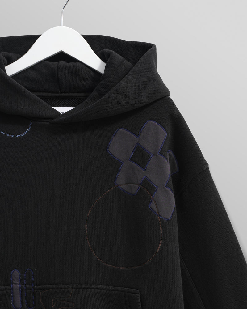 wax london men's Rydal - Black Doodle Embroidered Loopback Cotton Hoodie