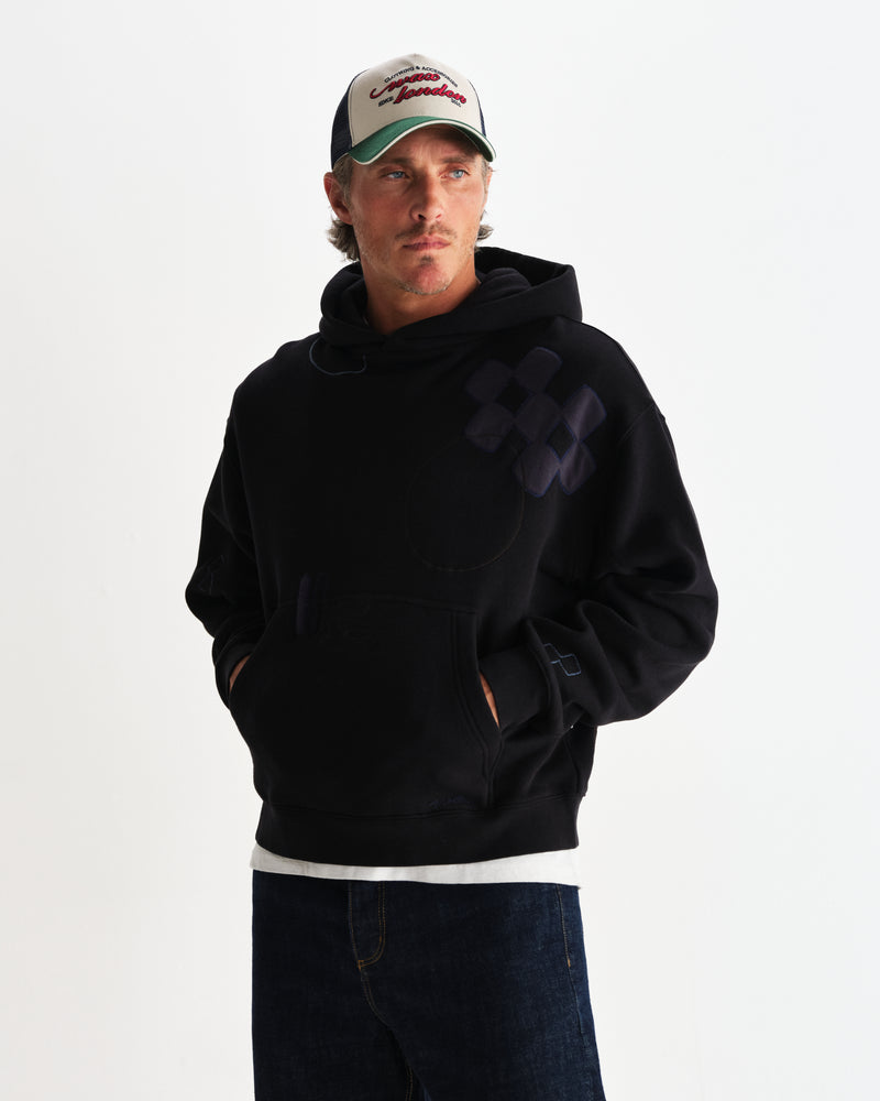 wax london men's Rydal - Black Doodle Embroidered Loopback Cotton Hoodie