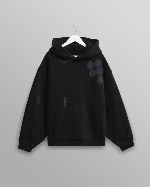 wax london men's Rydal - Black Doodle Embroidered Loopback Cotton Hoodie