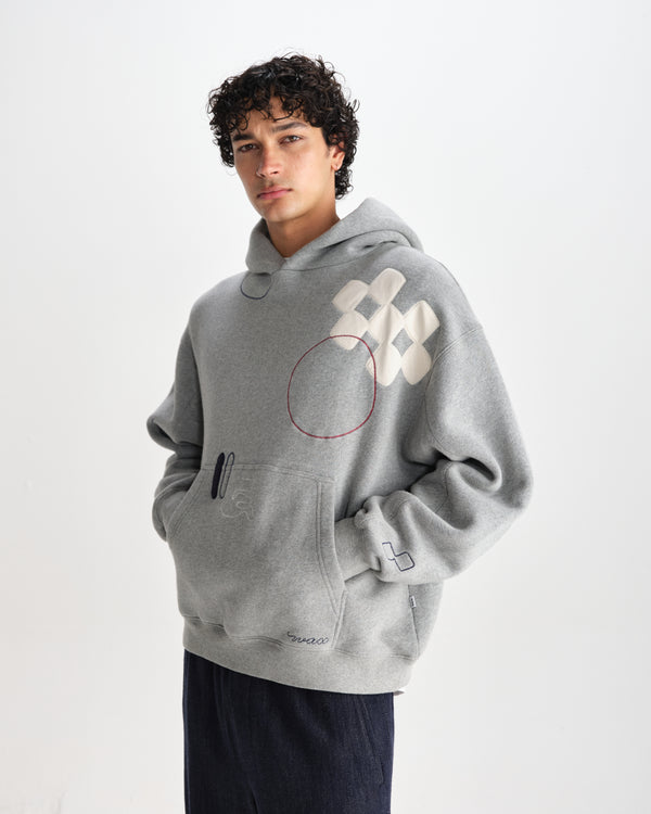 wax london men's Rydal - Grey Doodle Embroidered Loopback Cotton Hoodie