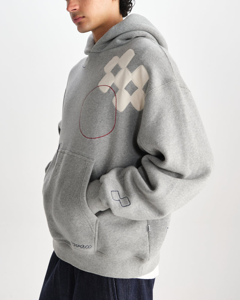wax london men's Rydal - Grey Doodle Embroidered Loopback Cotton Hoodie