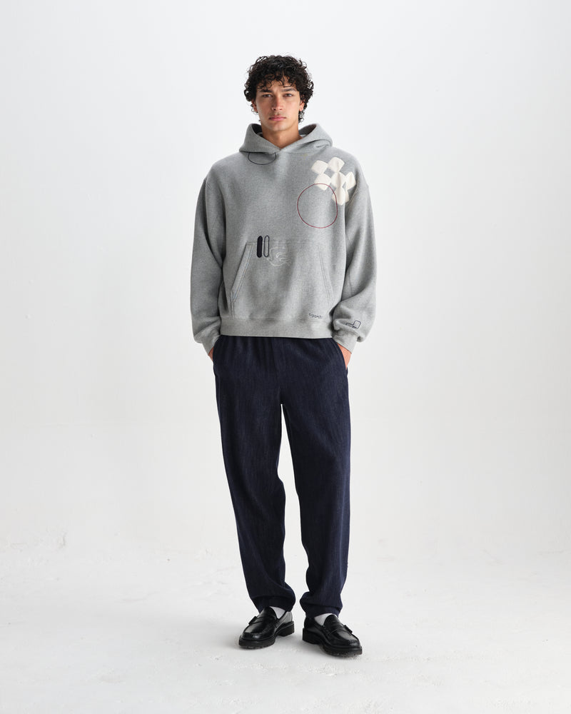 wax london men's Rydal - Grey Doodle Embroidered Loopback Cotton Hoodie