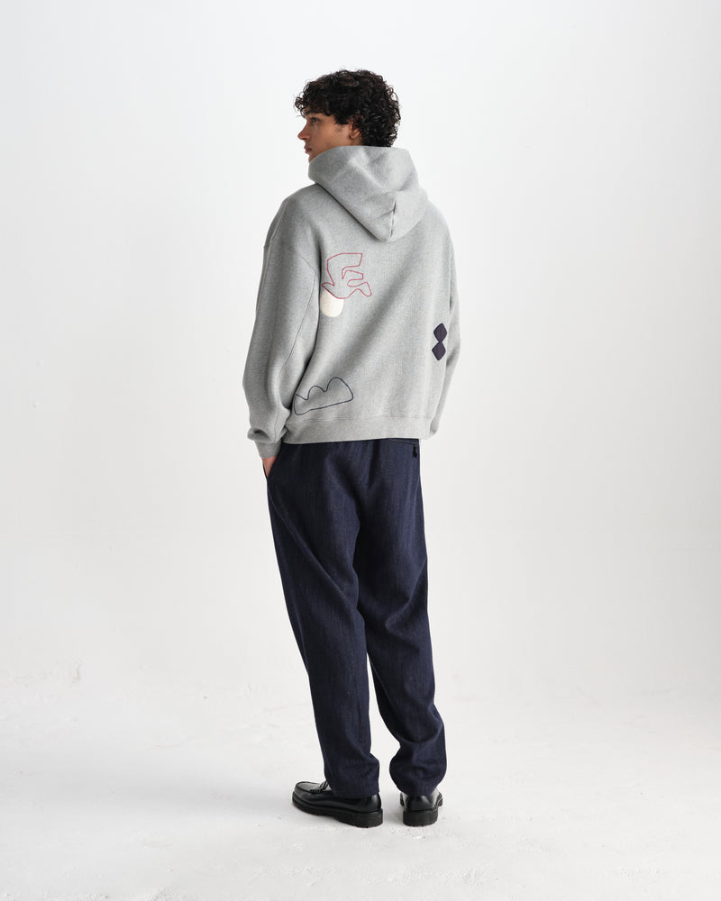 wax london men's Rydal - Grey Doodle Embroidered Loopback Cotton Hoodie