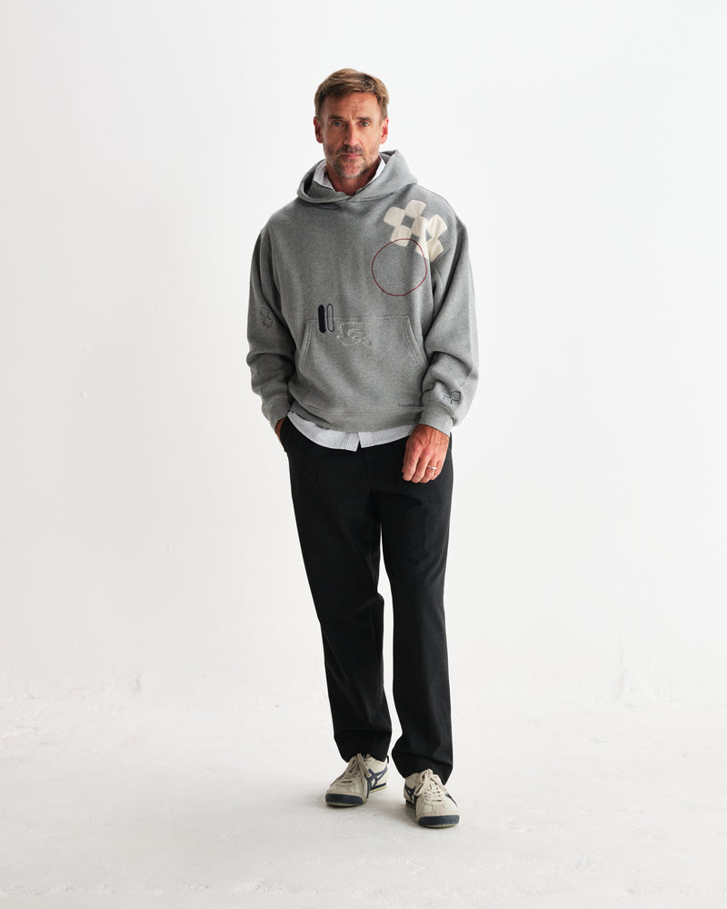 wax london men's Rydal - Grey Doodle Embroidered Loopback Cotton Hoodie