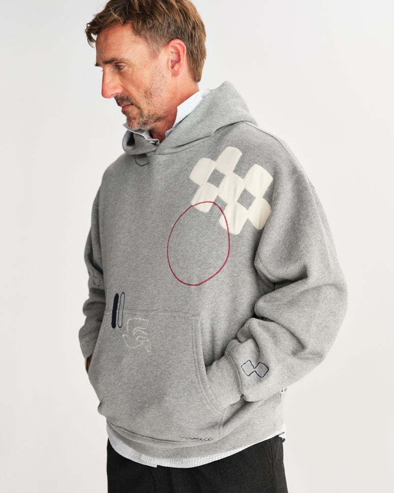 wax london men's Rydal - Grey Doodle Embroidered Loopback Cotton Hoodie