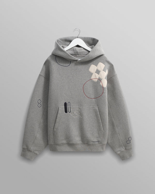 wax london men's Rydal - Grey Doodle Embroidered Loopback Cotton Hoodie