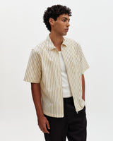 Sears - Natural And Navy Stripe Seersucker Zip Short-Sleeve Shirt