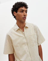Sears - Natural And Navy Stripe Seersucker Zip Short-Sleeve Shirt