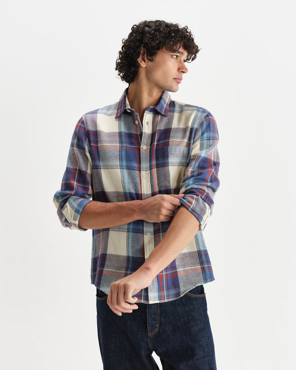wax london men's Shelly - Blue And Multicolour Check Flannel Shirt