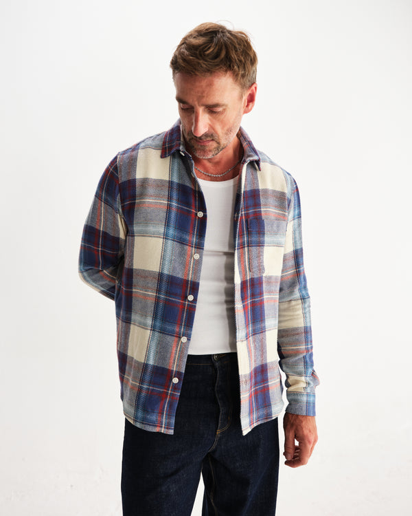 wax london men's Shelly - Blue And Multicolour Check Flannel Shirt