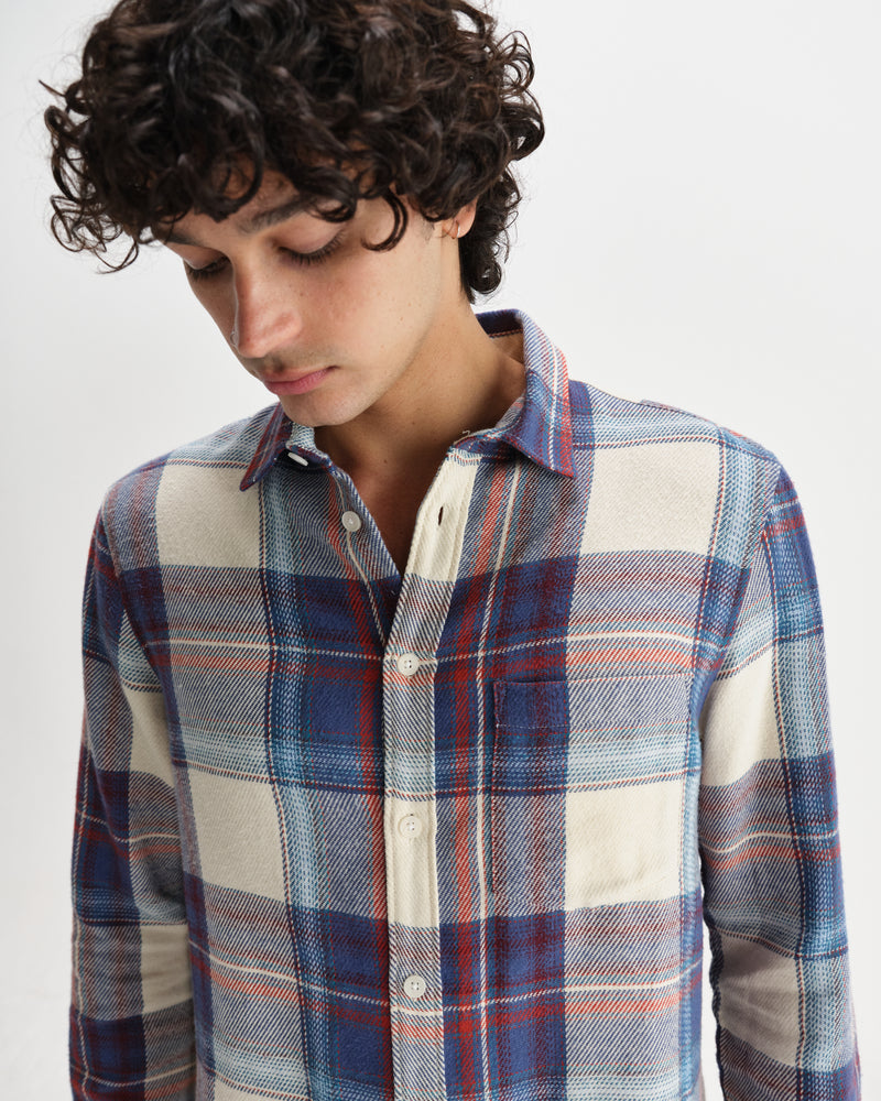 wax london men's Shelly - Blue And Multicolour Check Flannel Shirt