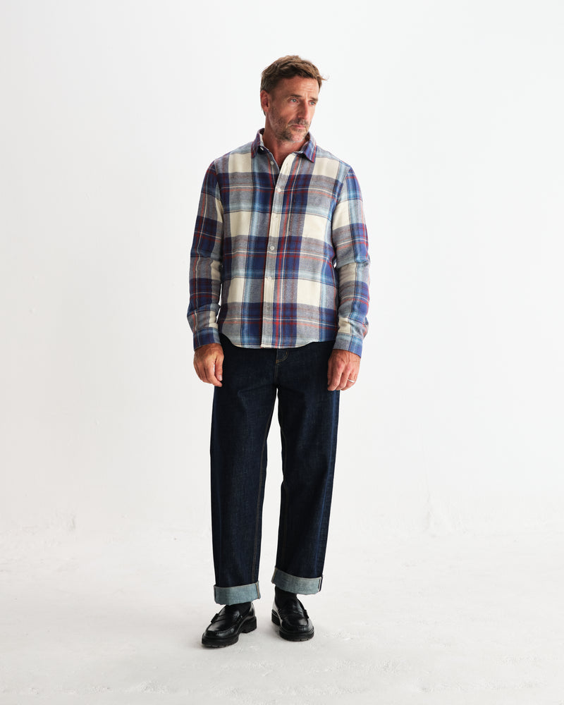 wax london men's Shelly - Blue And Multicolour Check Flannel Shirt
