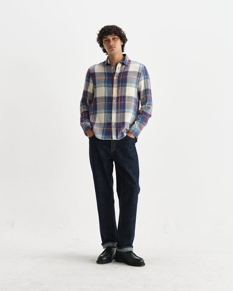 wax london men's Shelly - Blue And Multicolour Check Flannel Shirt