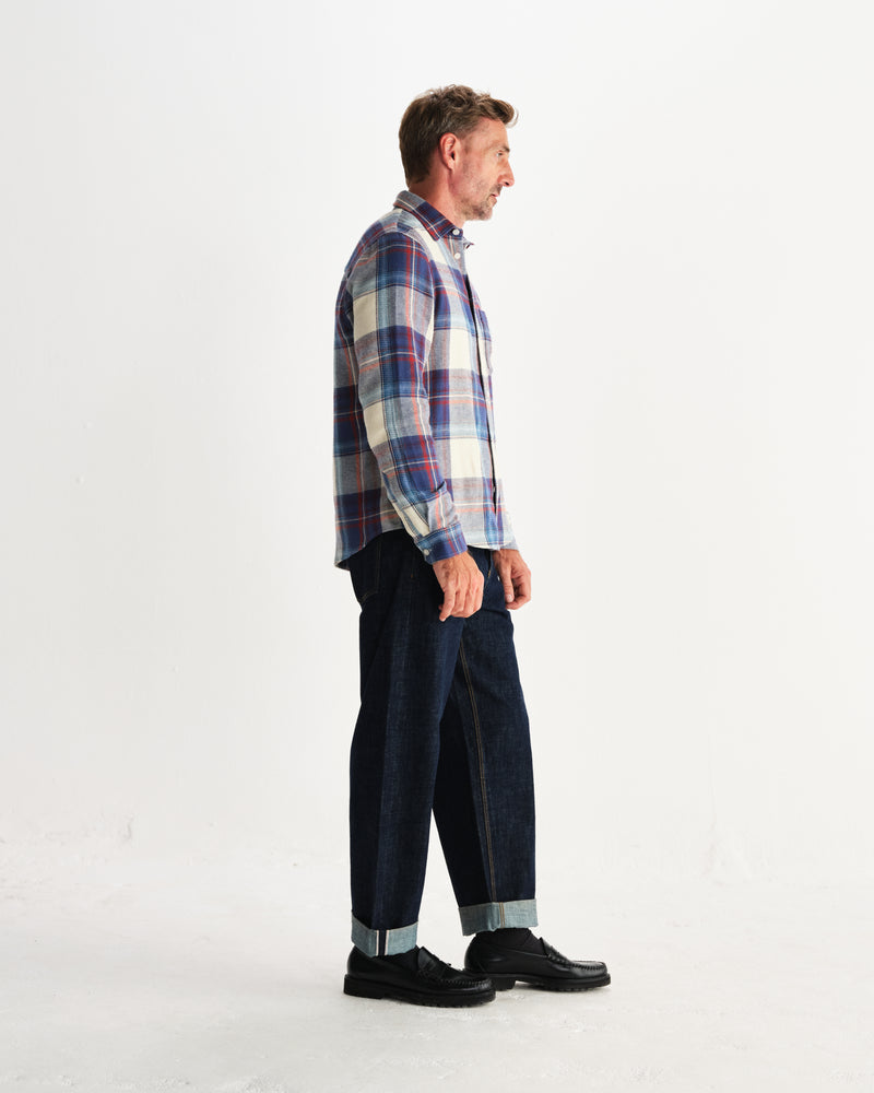 wax london men's Shelly - Blue And Multicolour Check Flannel Shirt
