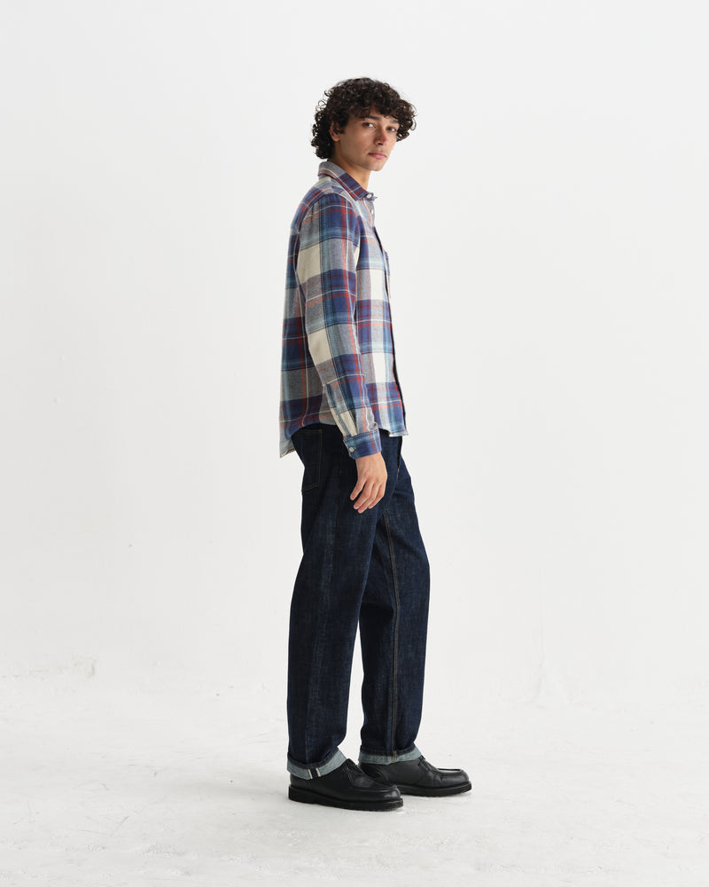 wax london men's Shelly - Blue And Multicolour Check Flannel Shirt